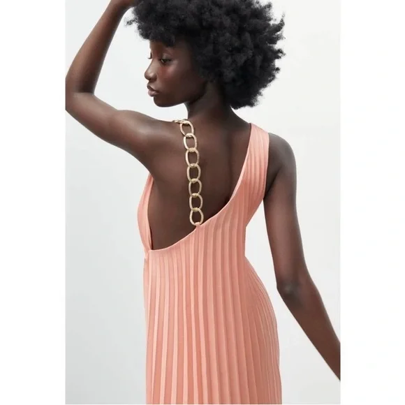 Zara | Dresses | Zara Nwt Bloggers Favorite Tangerine Pleated Gold Chain  Strap Satin Xs | Poshmark